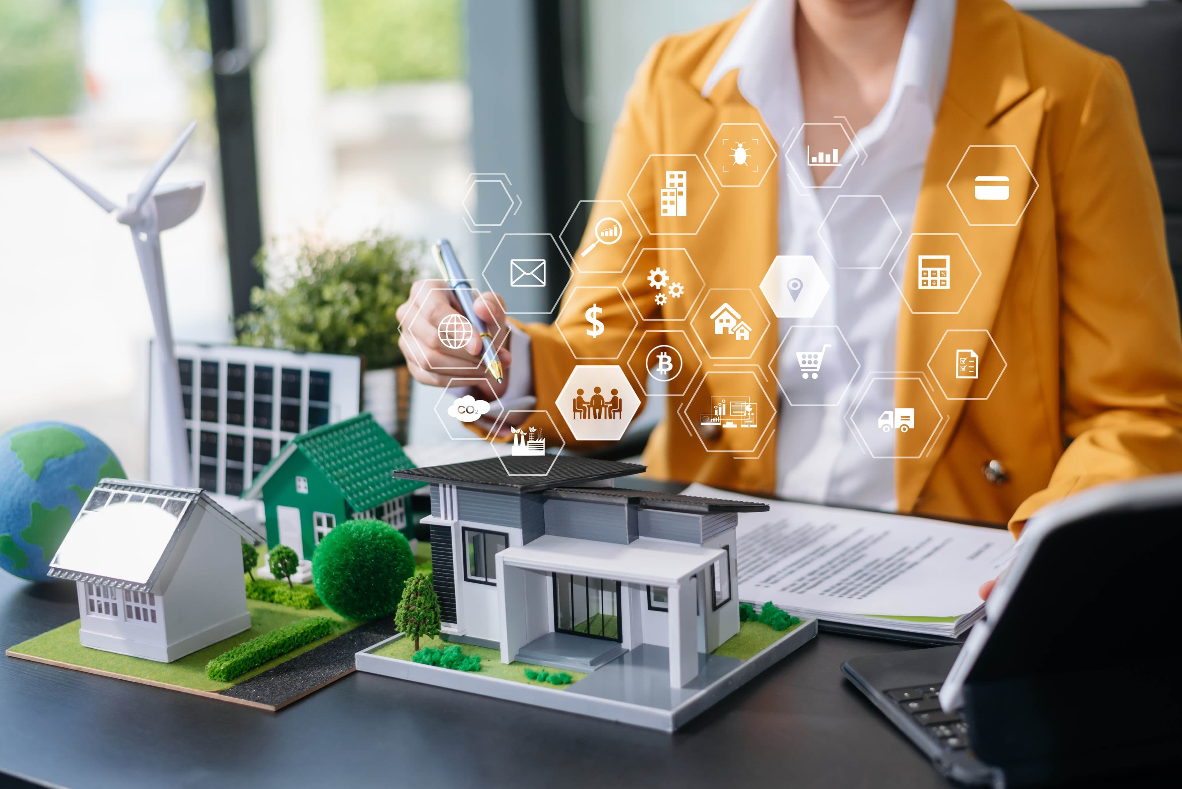 An animated graphic showing an AI algorithm scanning and filtering Dubai property listings